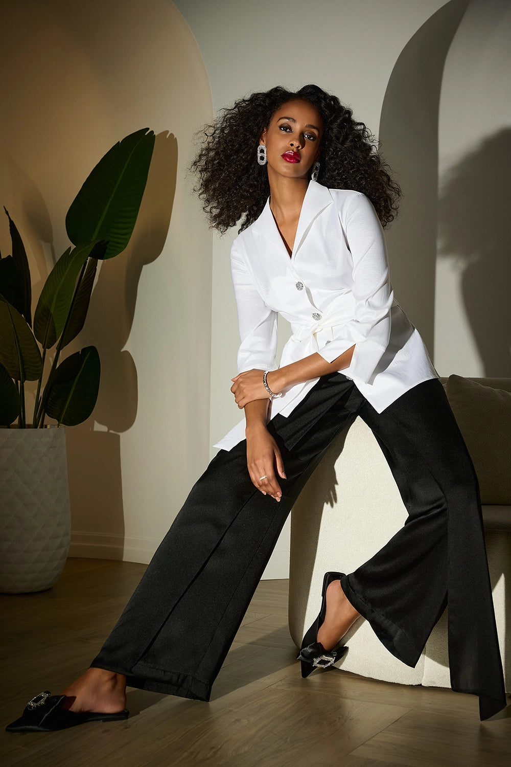 Joseph Ribkoff  Polkadot Wide Leg Satin Trouser With Belt Navy/White