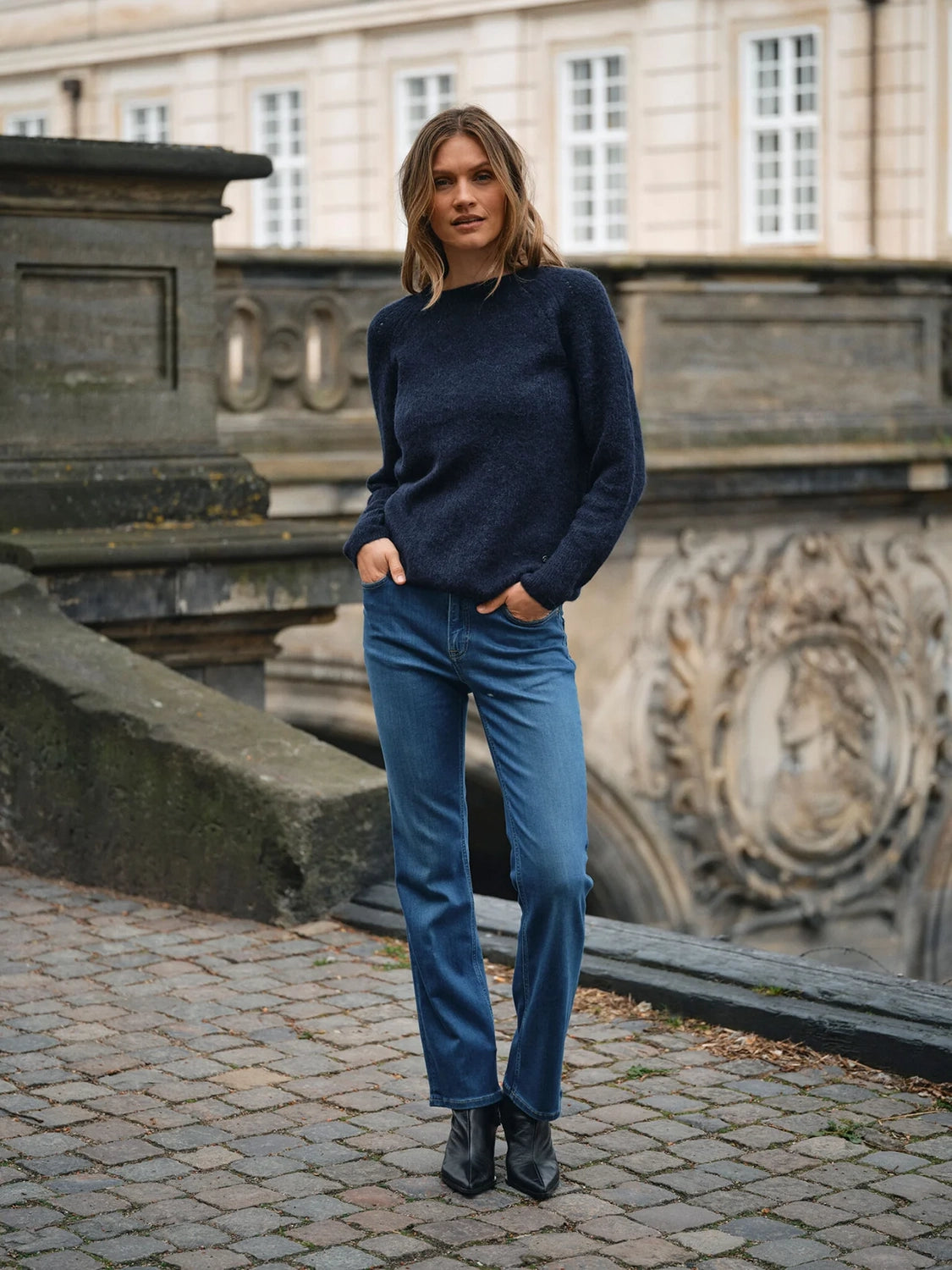 MOS MOSH Ashley Deluxe Jeans in Mid Blue with high-rise fit, soft stretch denim and chic flare silhouette, women’s denim style at Hollie Rose.
