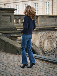 MOS MOSH Ashley Deluxe Jeans in Mid Blue with high-rise fit, soft stretch denim and chic flare silhouette, women’s denim style at Hollie Rose.
