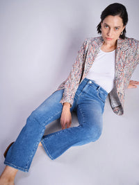 MOS MOSH Cecilia Sioux Jeans in Mid Blue with high-rise fit, soft stretch blend and kick-flare hem, vintage-inspired women’s denim at Hollie Rose.
