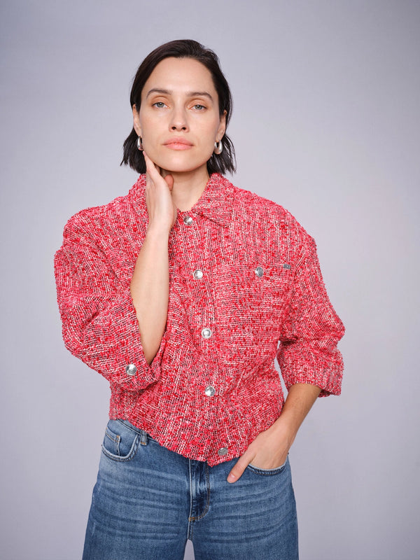 MOS MOSH Penn Mino Jacket in Cayenne with button front and flap pockets, stretch denim-inspired women’s jacket at Hollie Rose.
