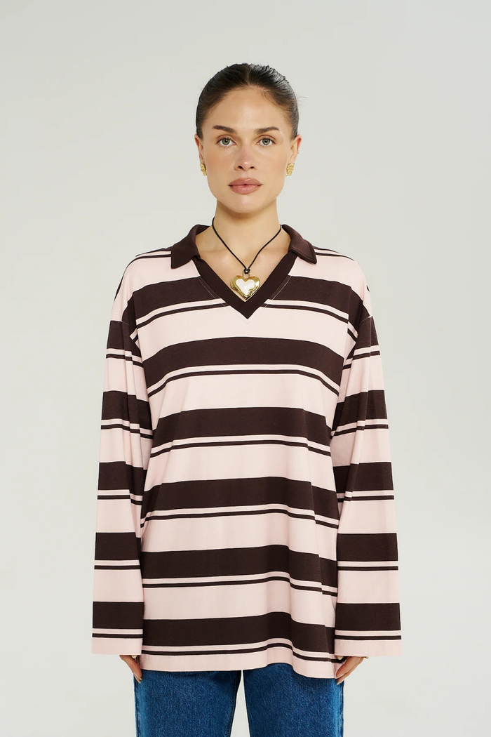 SUMMI SUMMI | LS POLO TOP - CHOC ROSE STRIPE