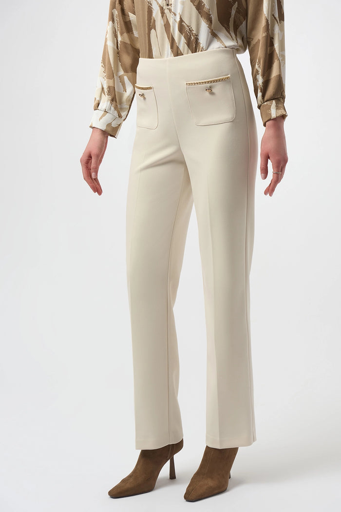 Joseph Ribkoff scuba crepe straight pull-on pants in birch with gold button pocket detail, classic women’s tailored pant available at Hollie Rose.
