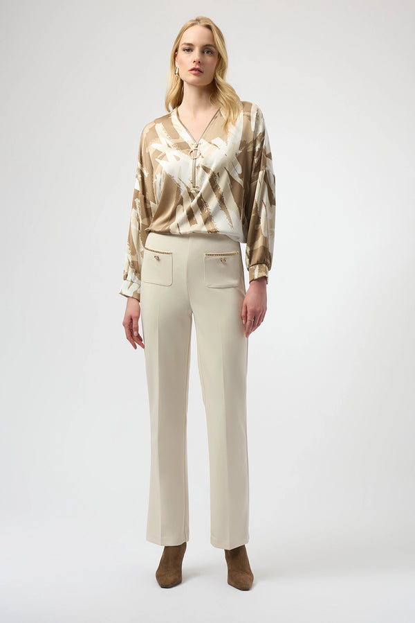 Joseph Ribkoff scuba crepe straight pull-on pants in birch with gold button pocket detail, classic women’s tailored pant available at Hollie Rose.
