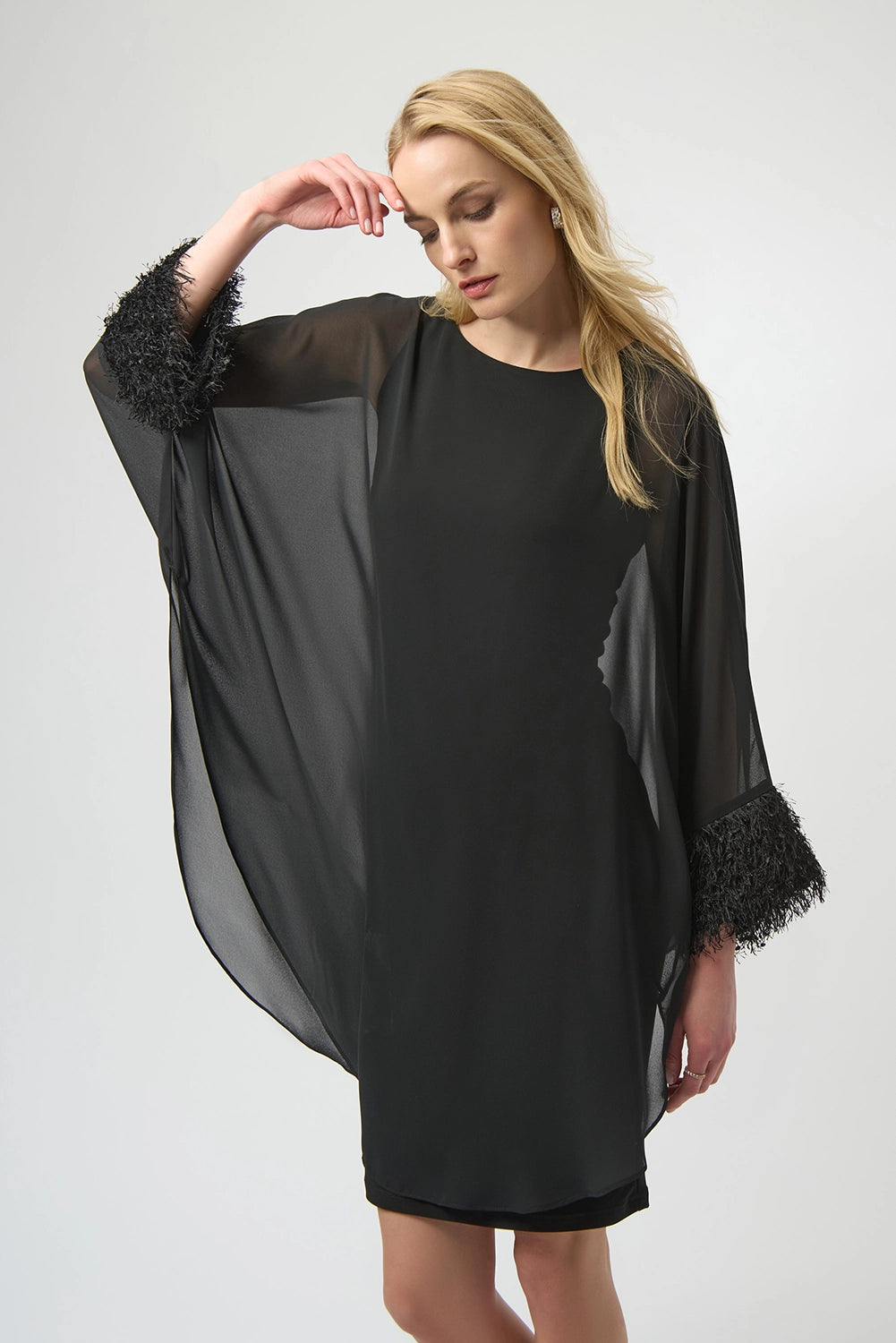 Joseph Ribkoff | Silky Knit & Chiffon Layered Dress with Fringe Detail - Black 254186