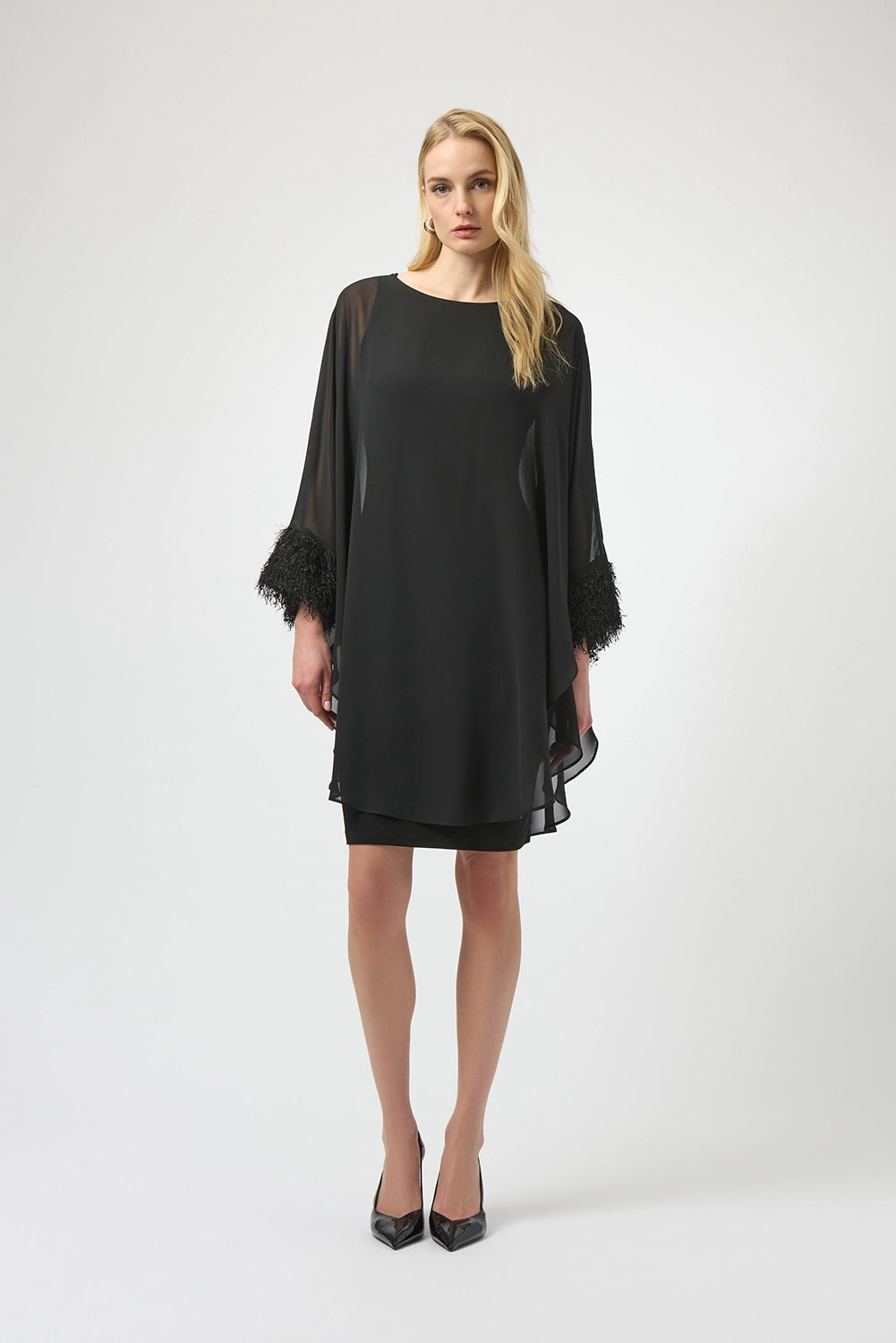 Joseph Ribkoff Silky Knit Chiffon Layered Dress with Fringe