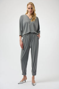 Joseph Ribkoff melange silky knit boxy top with V-neck zipper detail and dolman sleeves, relaxed women’s top available at Hollie Rose.
