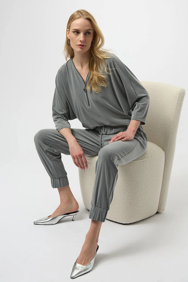 Joseph Ribkoff melange silky knit boxy top with V-neck zipper detail and dolman sleeves, relaxed women’s top available at Hollie Rose.
