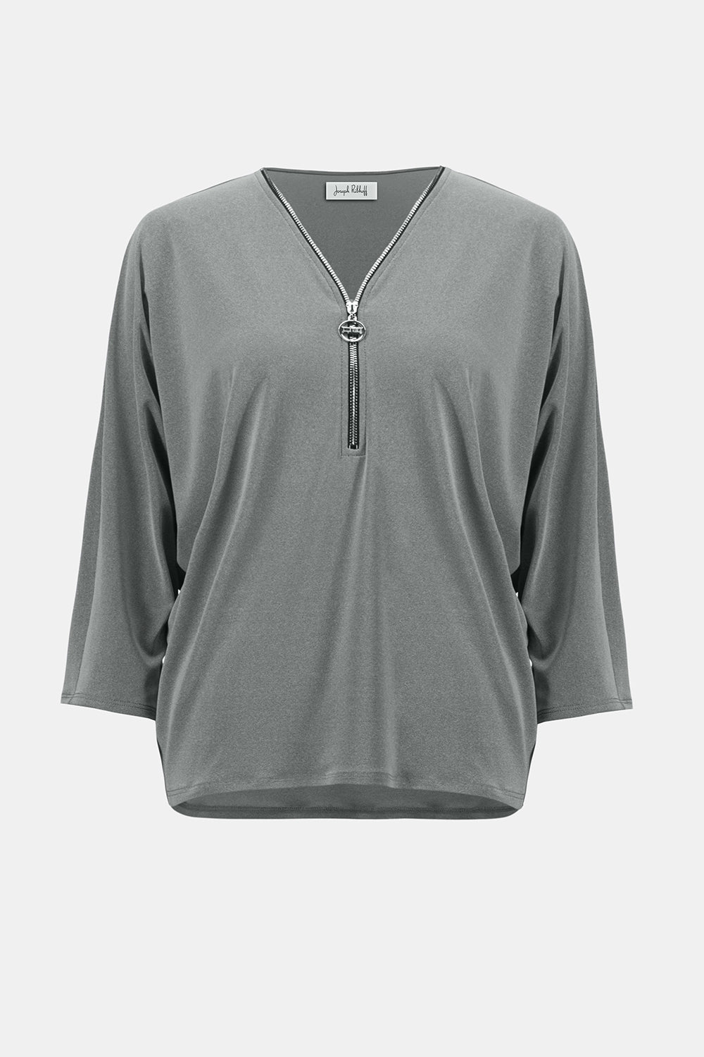 Joseph Ribkoff melange silky knit boxy top with V-neck zipper detail and dolman sleeves, relaxed women’s top available at Hollie Rose.

