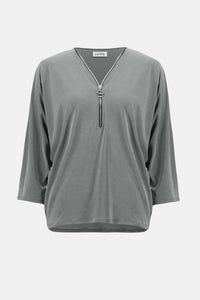 Joseph Ribkoff melange silky knit boxy top with V-neck zipper detail and dolman sleeves, relaxed women’s top available at Hollie Rose.
