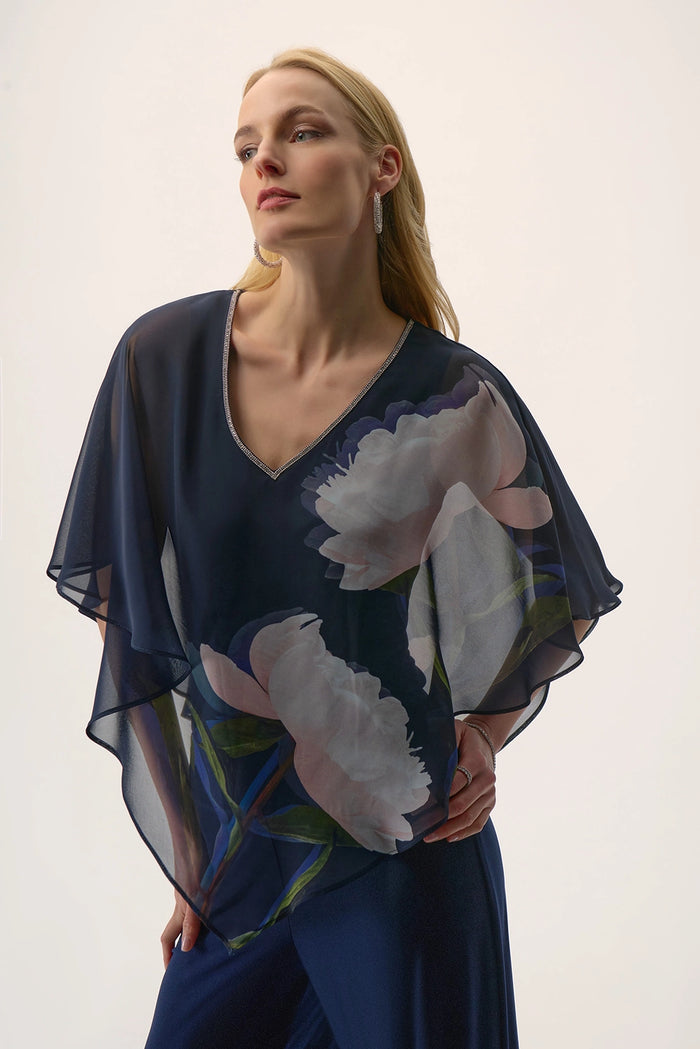Joseph Ribkoff | Signature | Chiffon & Silky Knit Floral Print Poncho Top 254731