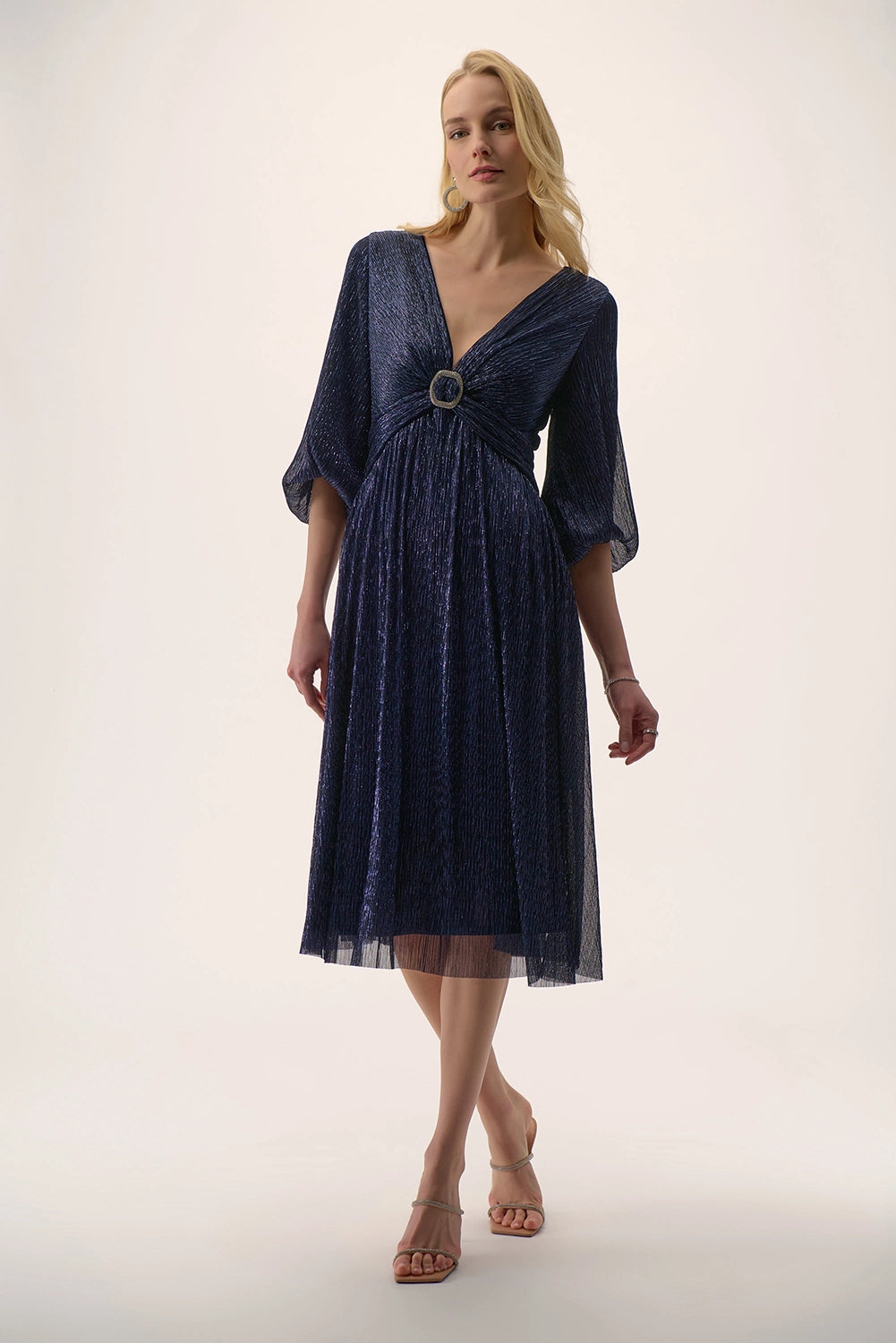 Joseph Ribkoff | Signature | Sparkle Mesh Plissé Fit and Flare Midi Dress 254735