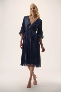 Joseph Ribkoff | Signature | Sparkle Mesh Plissé Fit and Flare Midi Dress 254735