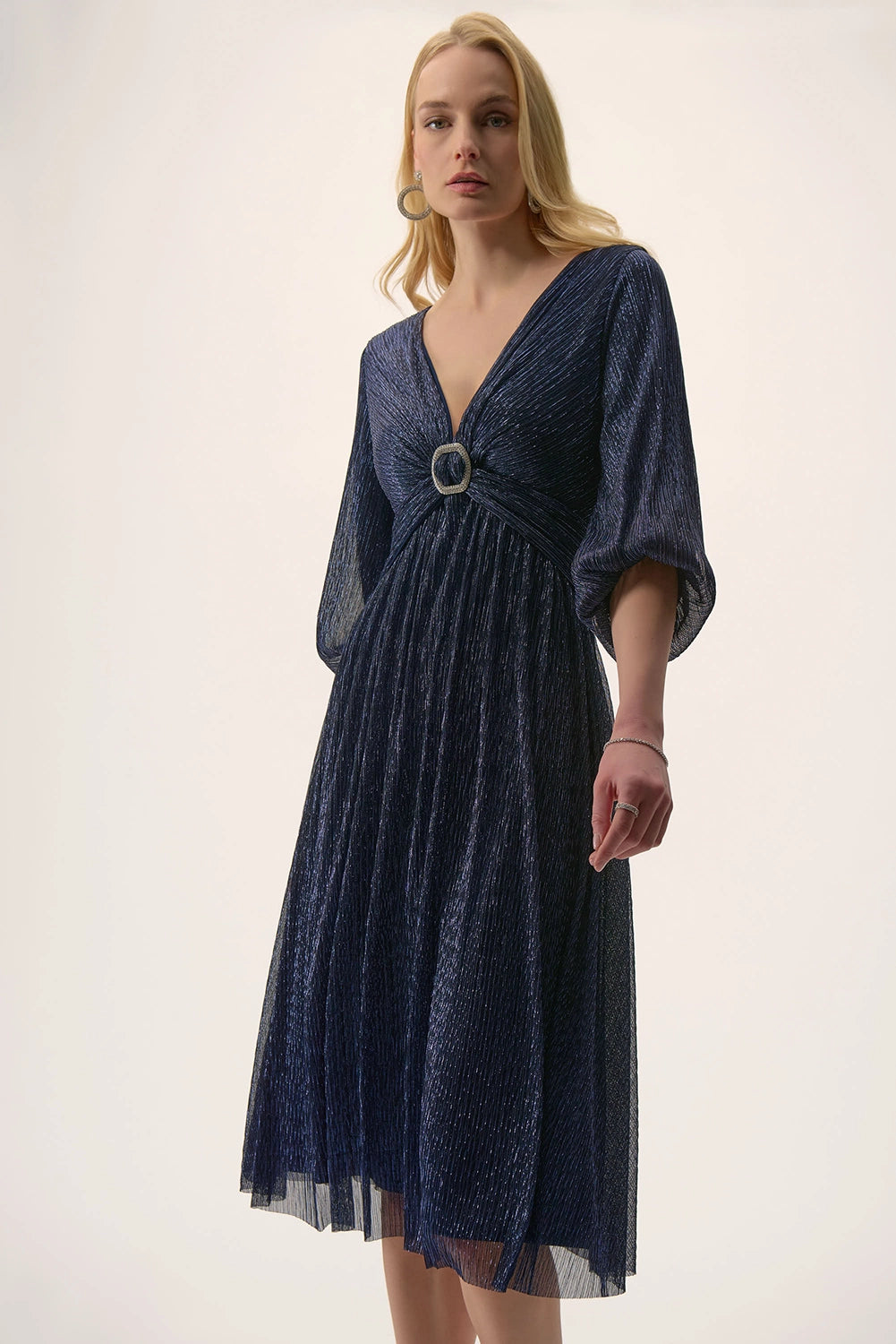 Joseph Ribkoff | Signature | Sparkle Mesh Plissé Fit and Flare Midi Dress 254735