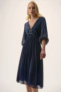 Joseph Ribkoff | Signature | Sparkle Mesh Plissé Fit and Flare Midi Dress 254735