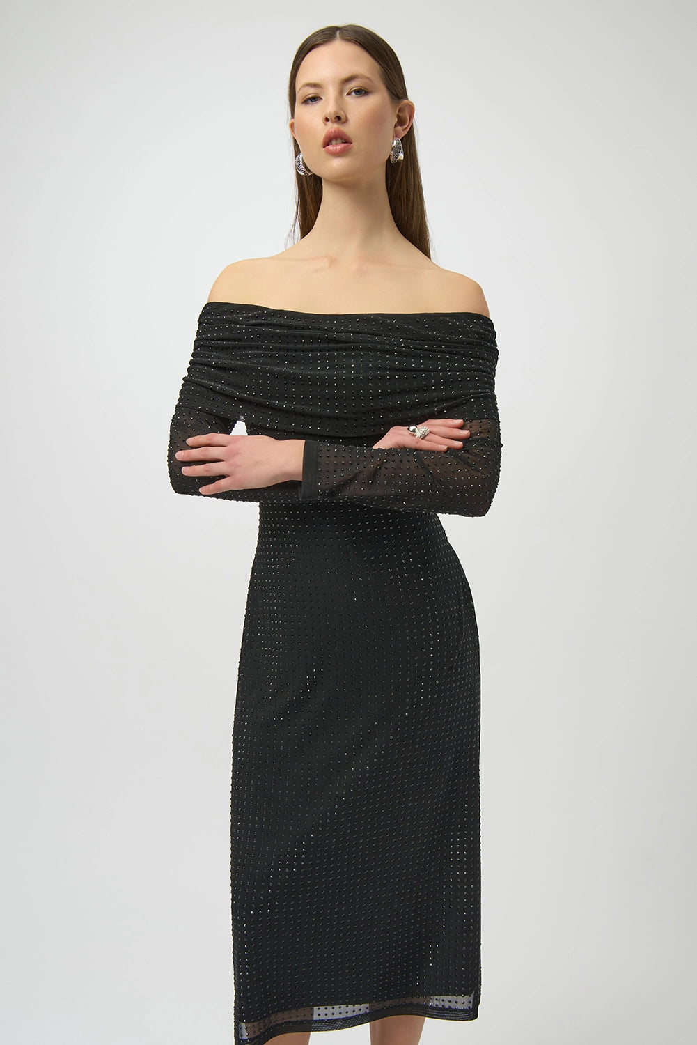 Joseph Ribkoff | Rhinestone Mesh Off-Shoulder Midi Dress 254913