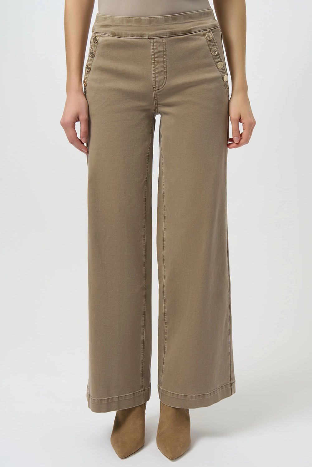Joseph Ribkoff wide-leg pull-on jeans in fawn Repreve stretch denim with snap pocket detail, sustainable women’s denim style at Hollie Rose.
