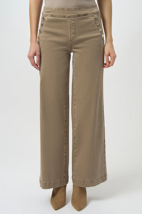 Joseph Ribkoff wide-leg pull-on jeans in fawn Repreve stretch denim with snap pocket detail, sustainable women’s denim style at Hollie Rose.
