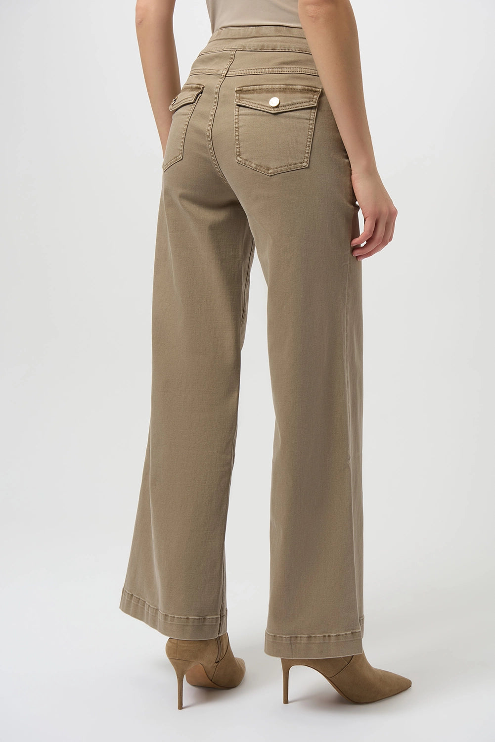 Joseph Ribkoff wide-leg pull-on jeans in fawn Repreve stretch denim with snap pocket detail, sustainable women’s denim style at Hollie Rose.
