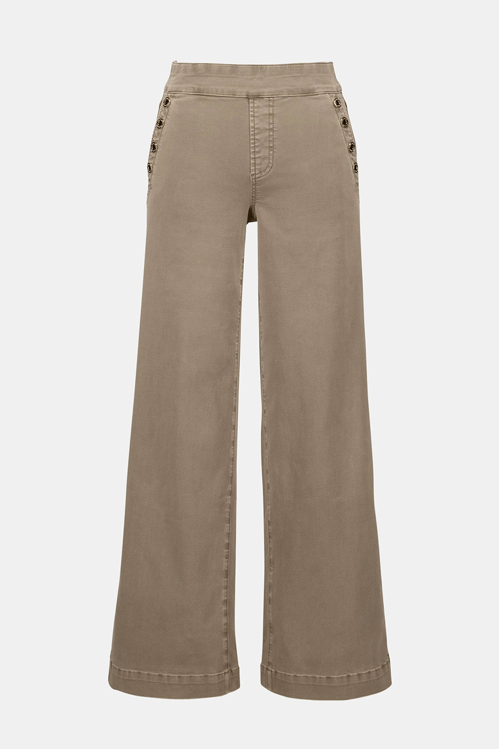 Joseph Ribkoff wide-leg pull-on jeans in fawn Repreve stretch denim with snap pocket detail, sustainable women’s denim style at Hollie Rose.
