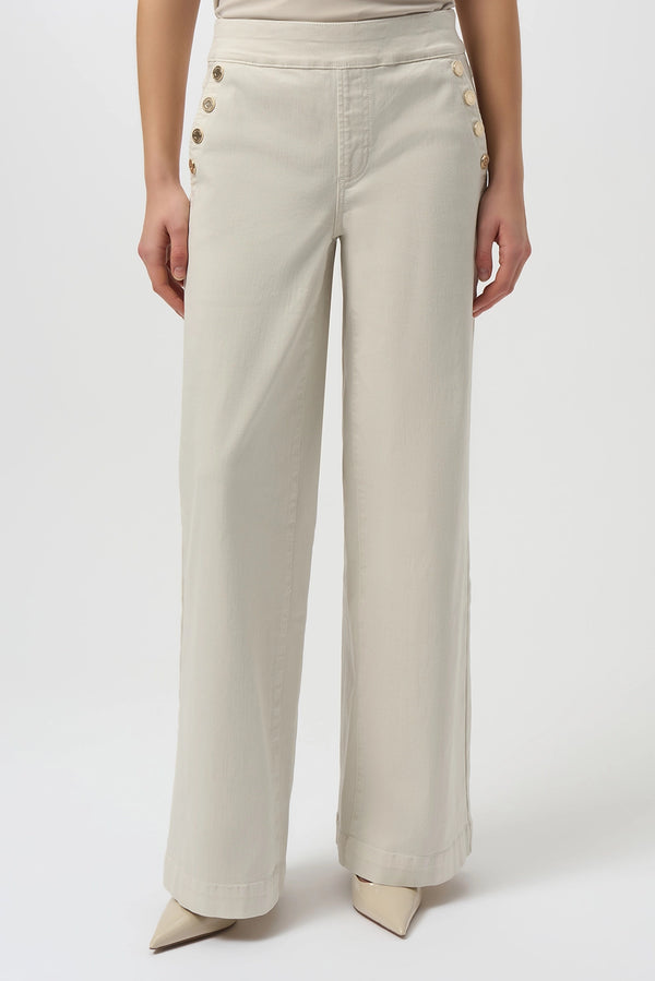 Joseph Ribkoff wide-leg pull-on jeans in birch Repreve stretch denim with snap pocket detail, sustainable women’s denim style at Hollie Rose.

