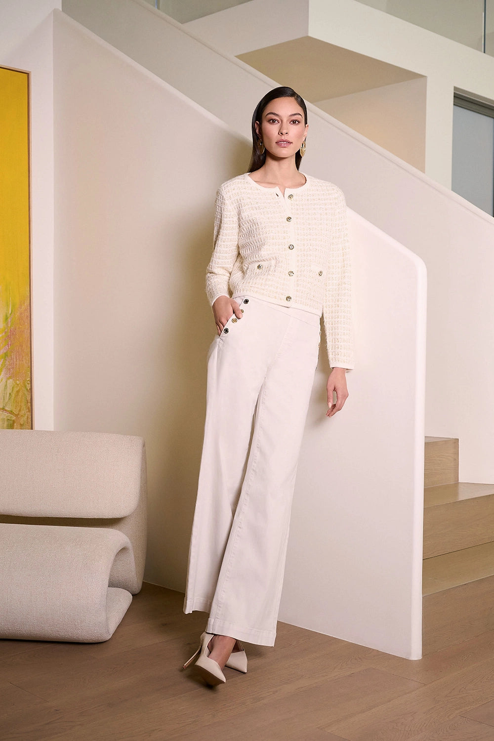 Joseph Ribkoff wide-leg pull-on jeans in birch Repreve stretch denim with snap pocket detail, sustainable women’s denim style at Hollie Rose.
