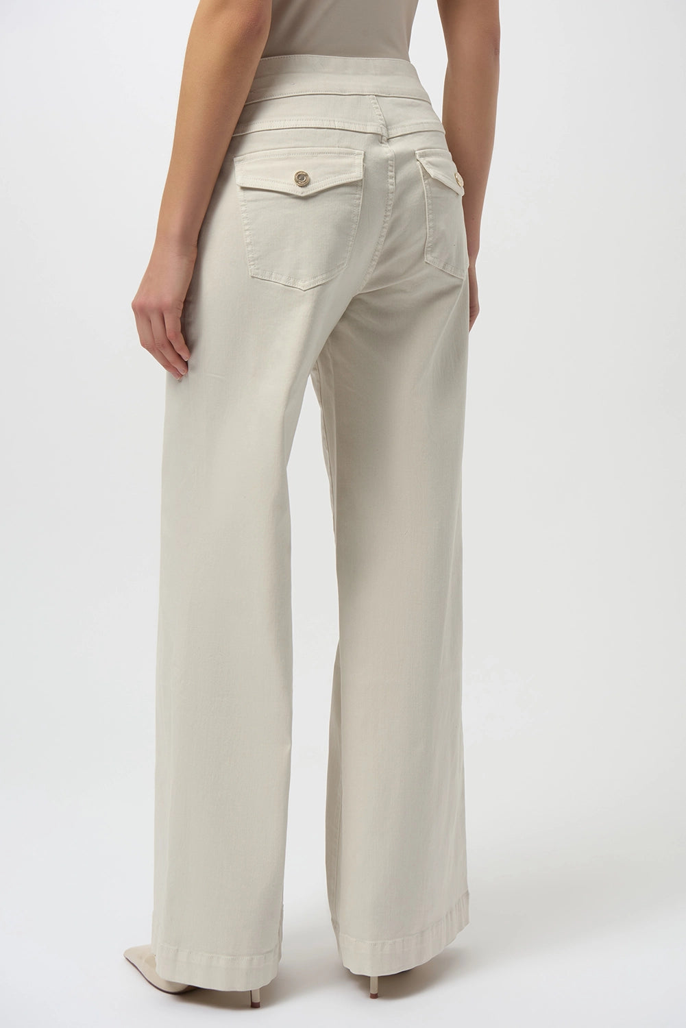 Joseph Ribkoff wide-leg pull-on jeans in birch Repreve stretch denim with snap pocket detail, sustainable women’s denim style at Hollie Rose.

