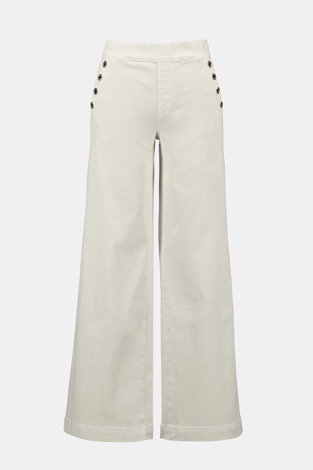 Joseph Ribkoff wide-leg pull-on jeans in birch Repreve stretch denim with snap pocket detail, sustainable women’s denim style at Hollie Rose.
