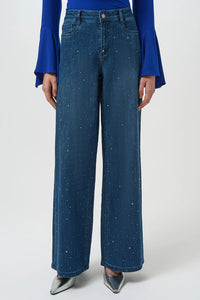Joseph Ribkoff classic wide-leg jeans in Featherweave denim with subtle rhinestones, elegant women’s denim style available at Hollie Rose.
