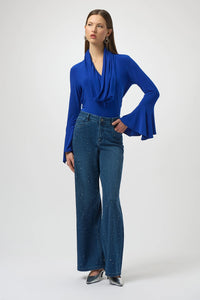 Joseph Ribkoff classic wide-leg jeans in Featherweave denim with subtle rhinestones, elegant women’s denim style available at Hollie Rose.
