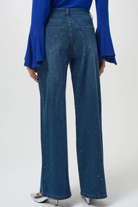 Joseph Ribkoff classic wide-leg jeans in Featherweave denim with subtle rhinestones, elegant women’s denim style available at Hollie Rose.
