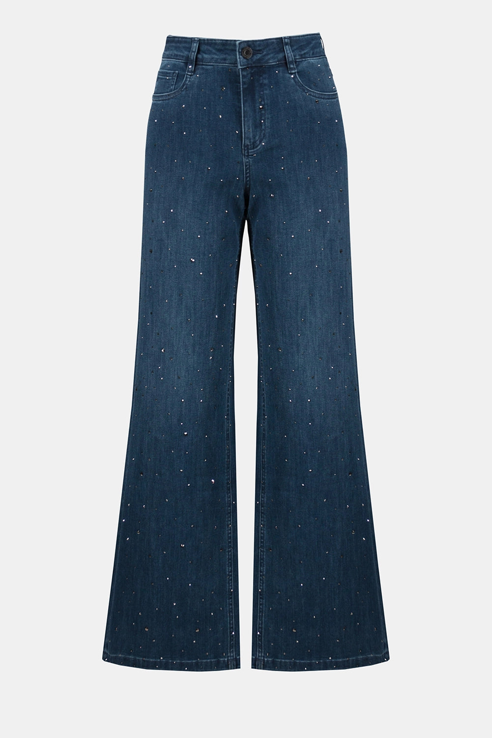 Joseph Ribkoff classic wide-leg jeans in Featherweave denim with subtle rhinestones, elegant women’s denim style available at Hollie Rose.
