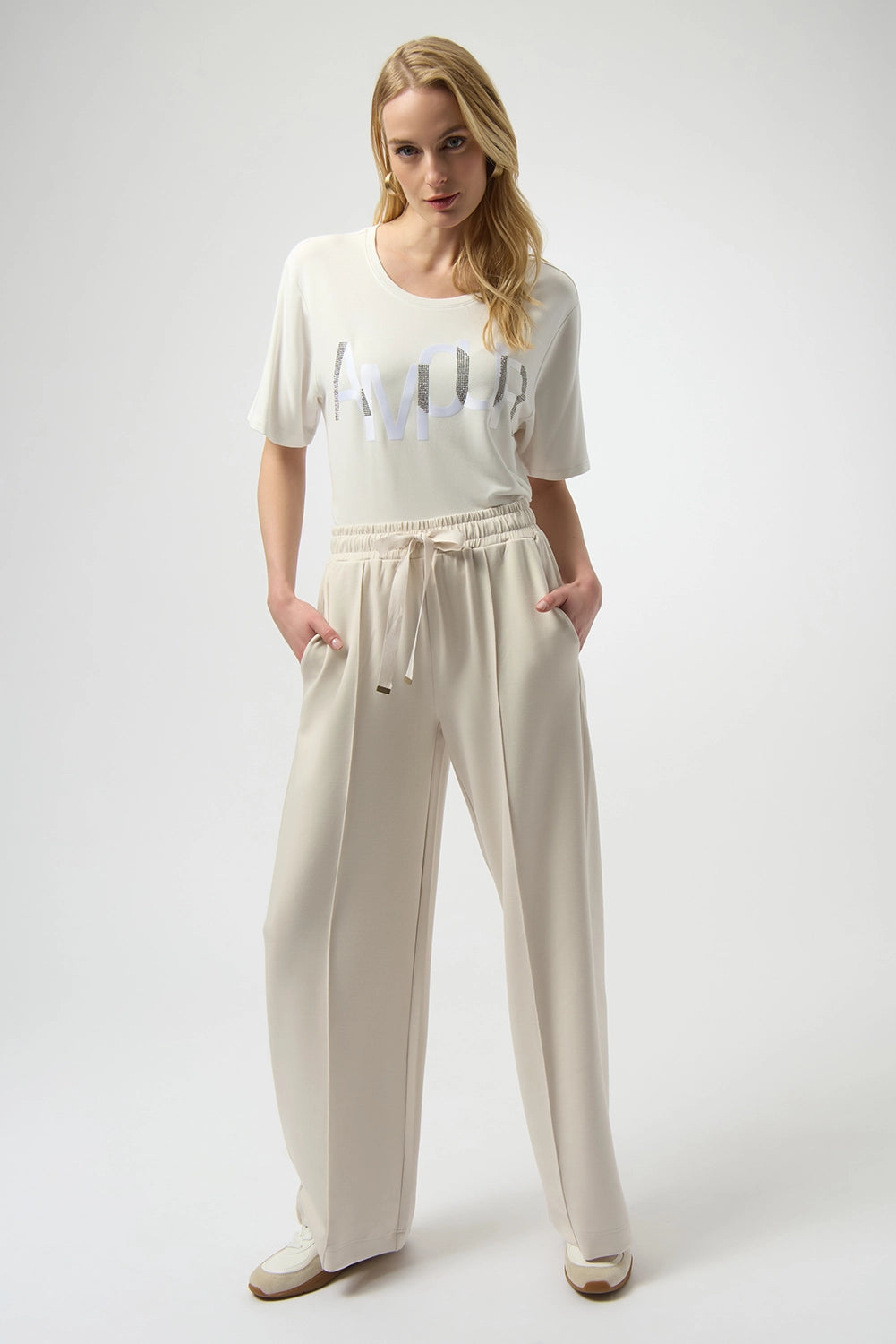 Joseph Ribkoff Amour knit t-shirt with rhinestone lettering, three-quarter sleeve women’s top, elegant casual style available at Hollie Rose.
