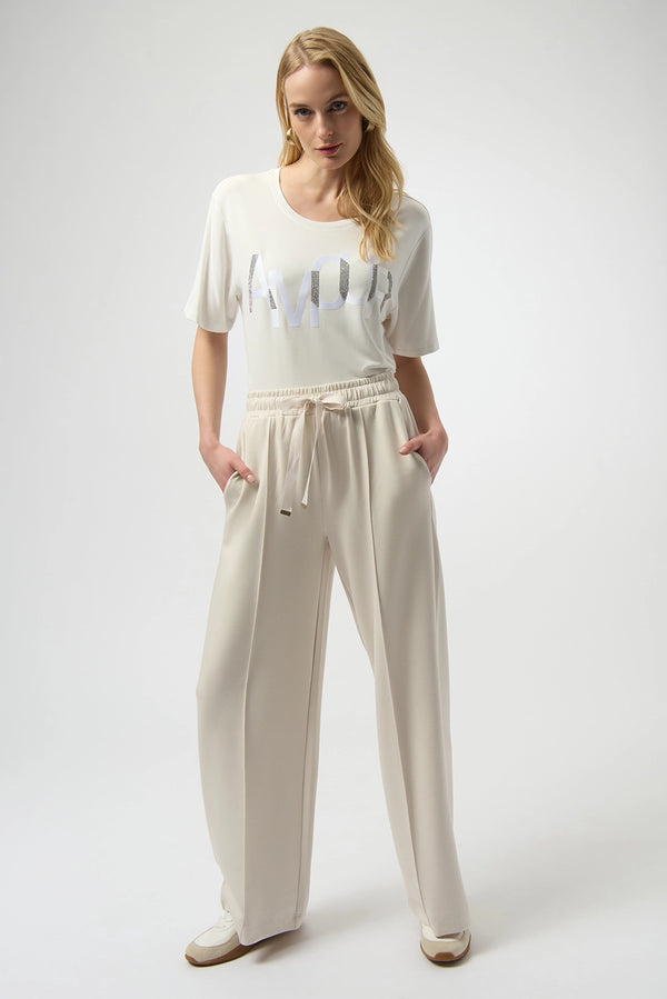 Joseph Ribkoff Amour knit t-shirt with rhinestone lettering, three-quarter sleeve women’s top, elegant casual style available at Hollie Rose.
