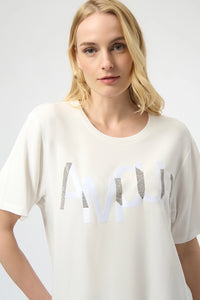 Joseph Ribkoff Amour knit t-shirt with rhinestone lettering, three-quarter sleeve women’s top, elegant casual style available at Hollie Rose.
