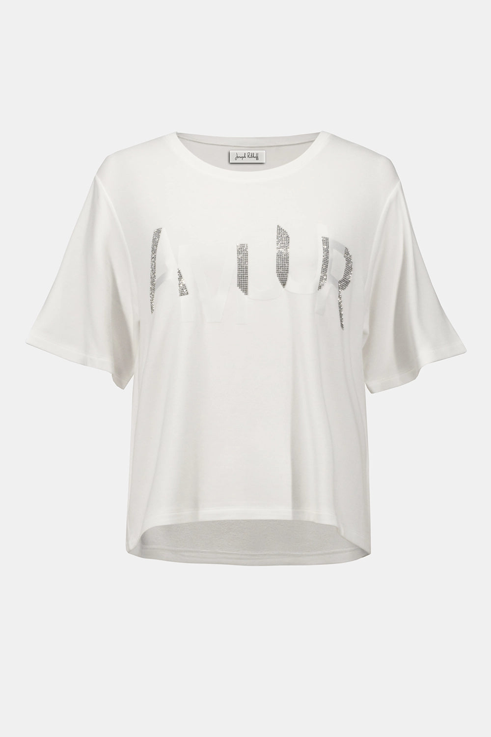 Joseph Ribkoff Amour knit t-shirt with rhinestone lettering, three-quarter sleeve women’s top, elegant casual style available at Hollie Rose.
