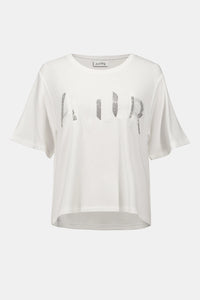 Joseph Ribkoff Amour knit t-shirt with rhinestone lettering, three-quarter sleeve women’s top, elegant casual style available at Hollie Rose.
