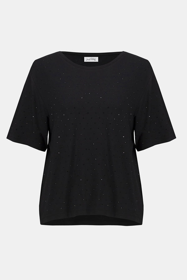Joseph Ribkoff | Knit Scoop Neck T-Shirt with Rhinestones - Black 254968