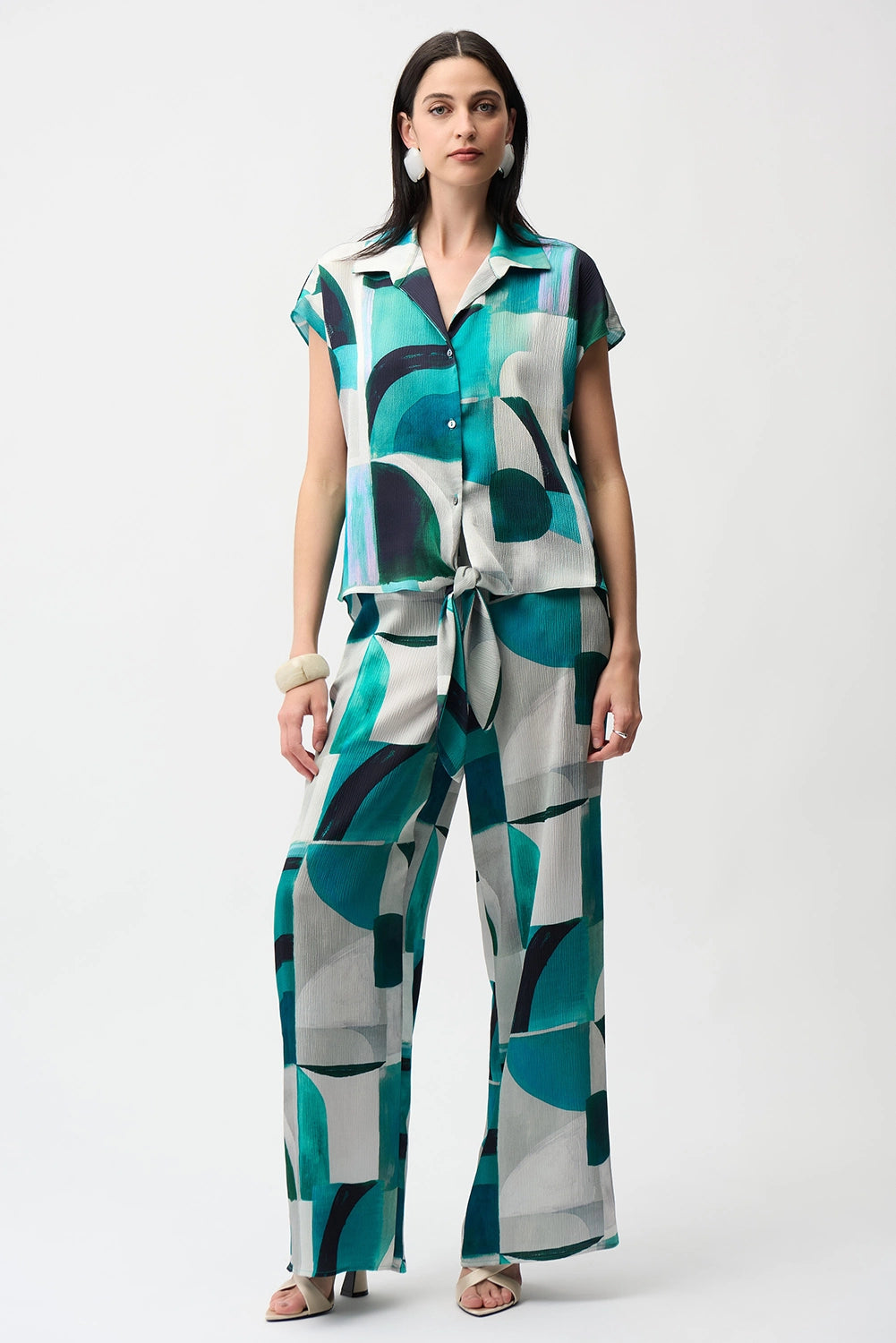 Joseph Ribkoff | Textured Satin Geometric Print Wide Leg Pull-On Pants 261042