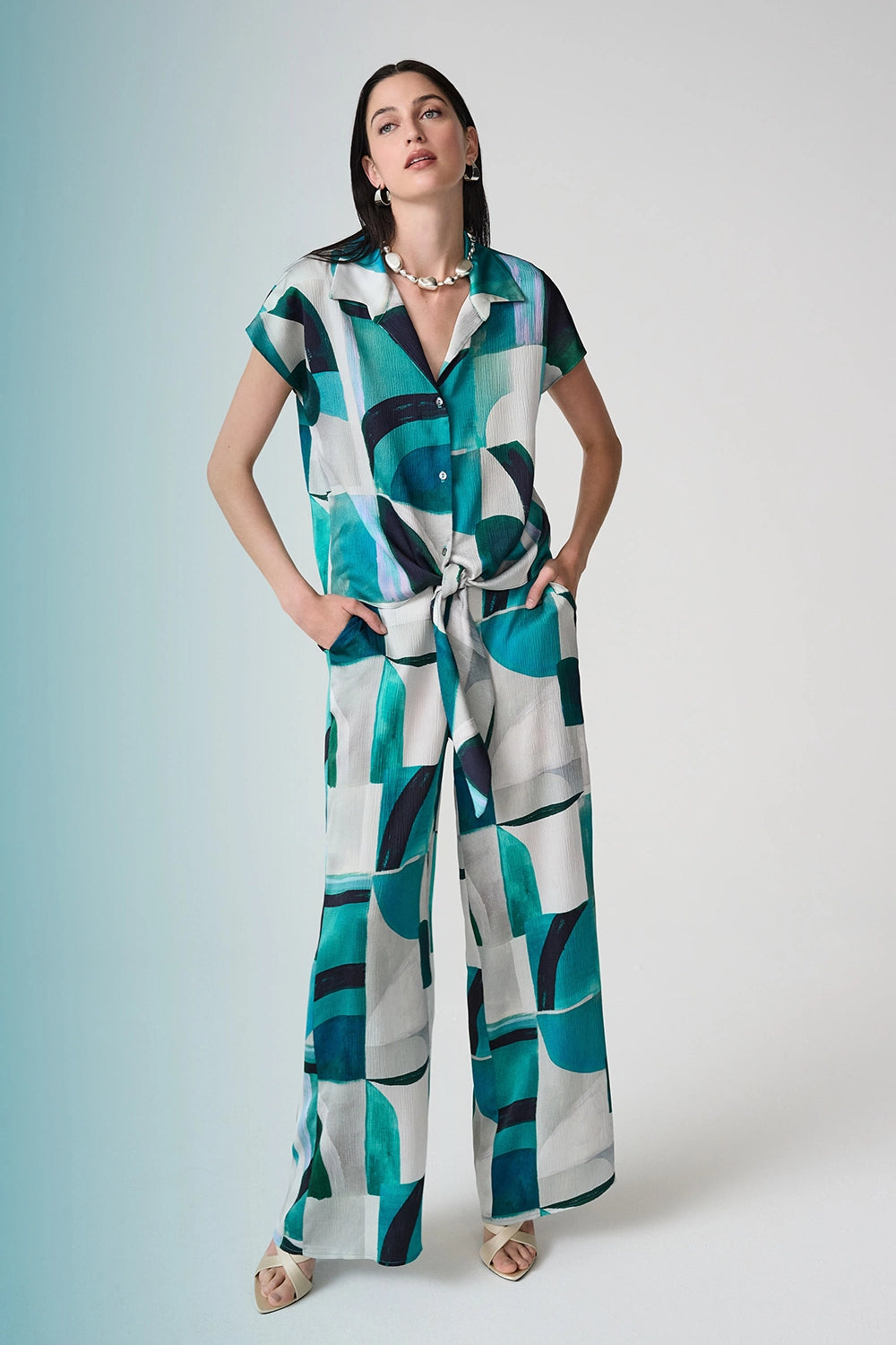 Joseph Ribkoff | Textured Satin Geometric Print Wide Leg Pull-On Pants 261042