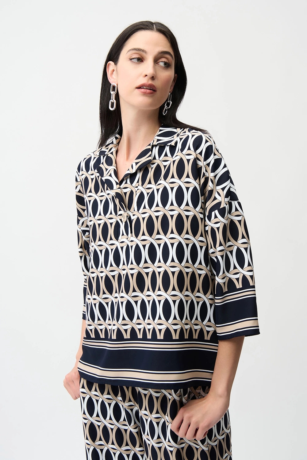 Joseph Ribkoff | Recycled Woven Geometric Print Boxy Top With Shirt Collar 261057
