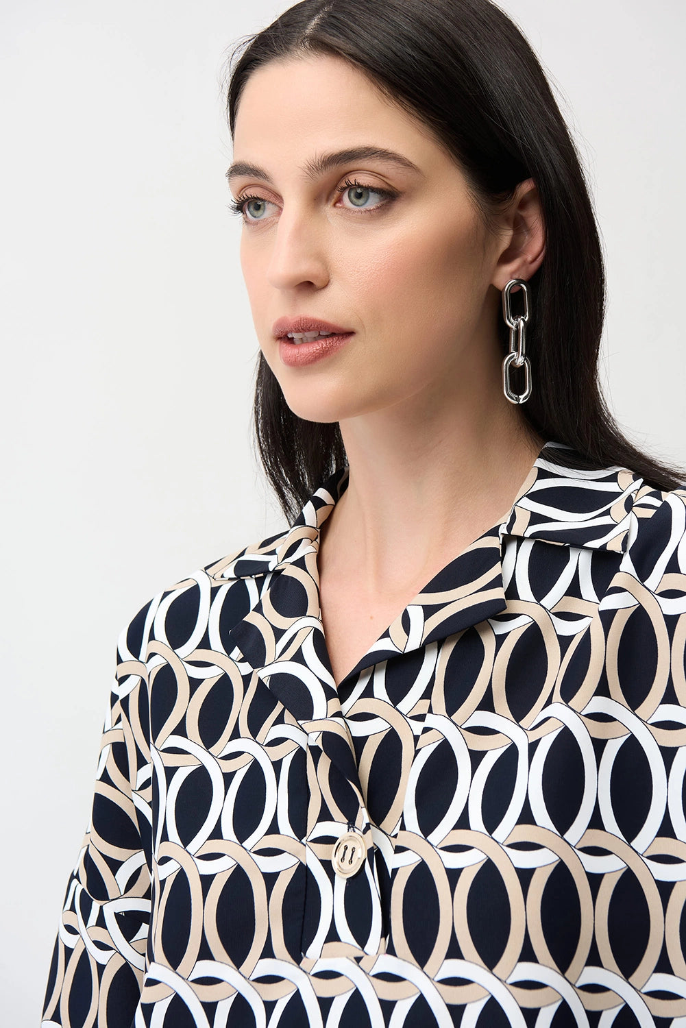 Joseph Ribkoff | Recycled Woven Geometric Print Boxy Top With Shirt Collar 261057