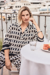 Joseph Ribkoff | Recycled Woven Geometric Print Boxy Top With Shirt Collar 261057