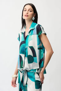 Joseph Ribkoff | Textured Satin Geometric Print Boxy Top With Front Ties 261065