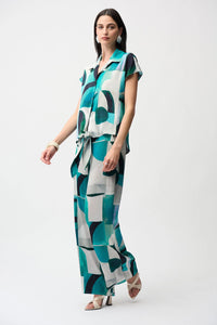 Joseph Ribkoff | Textured Satin Geometric Print Boxy Top With Front Ties 261065