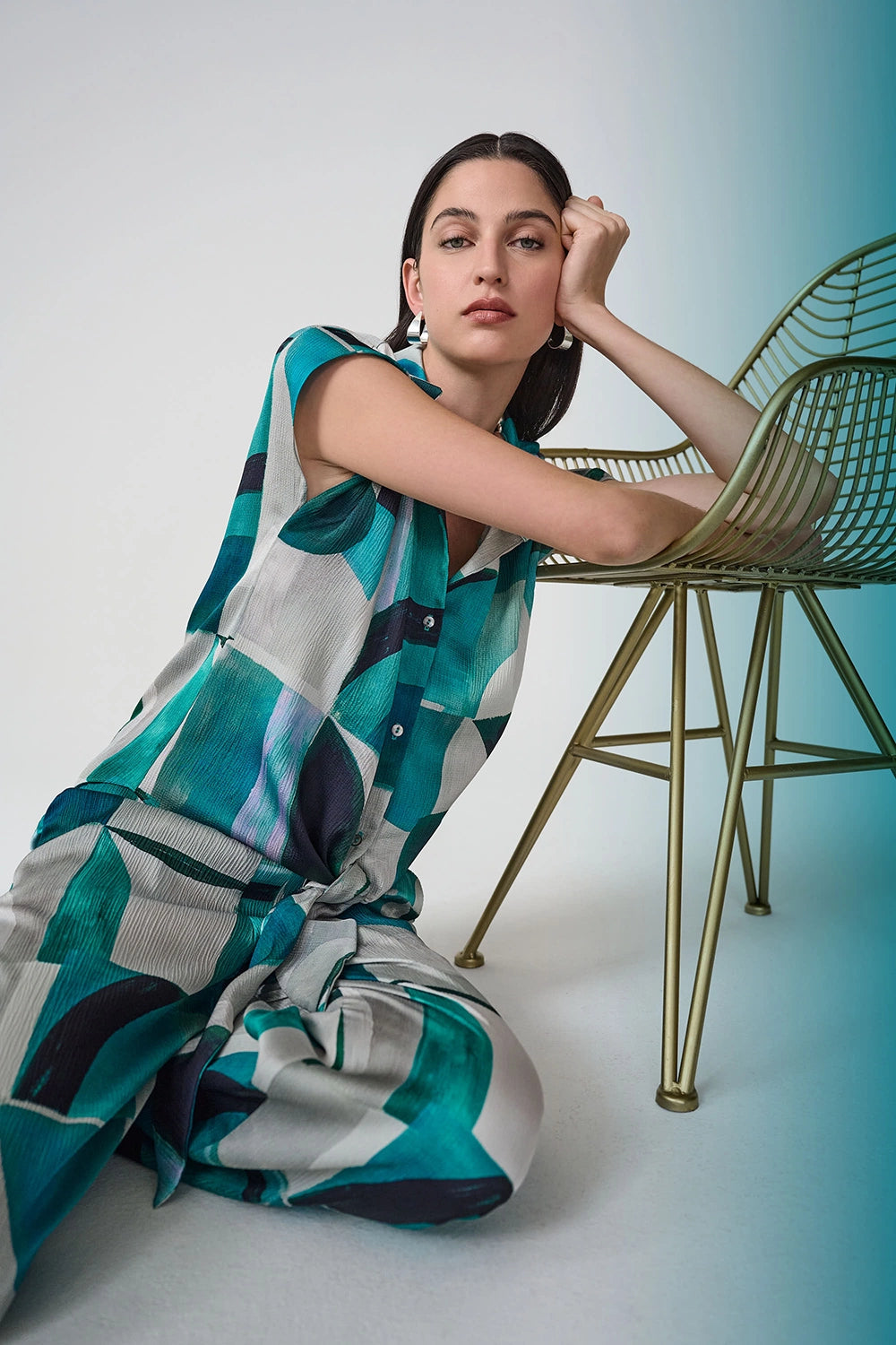 Joseph Ribkoff | Textured Satin Geometric Print Boxy Top With Front Ties 261065