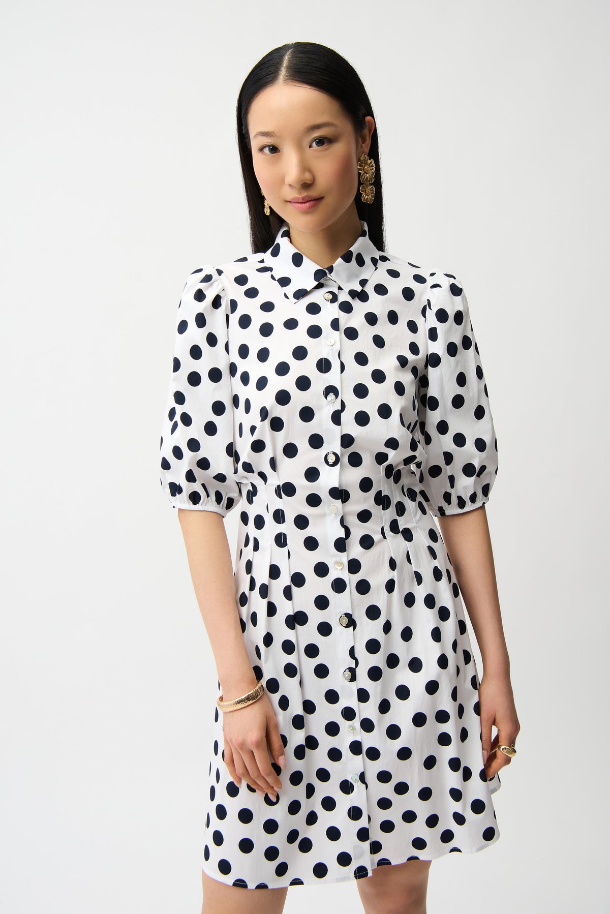 Joseph Ribkoff |Stretch Poplin Dot Print A-Line Shirt Dress With Puff Sleeves 261262