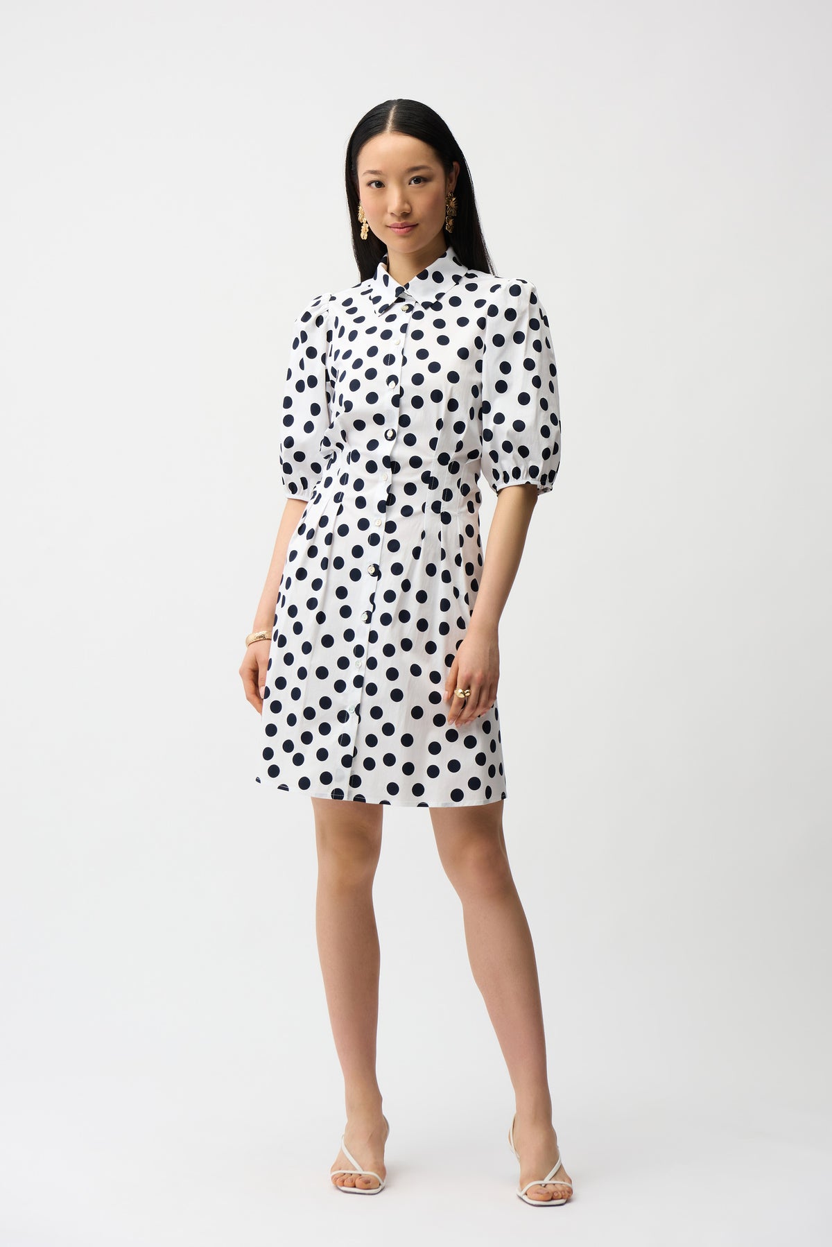 Joseph Ribkoff |Stretch Poplin Dot Print A-Line Shirt Dress With Puff Sleeves 261262