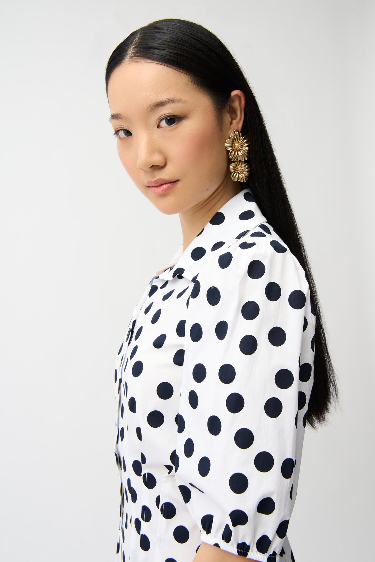 Joseph Ribkoff |Stretch Poplin Dot Print A-Line Shirt Dress With Puff Sleeves 261262