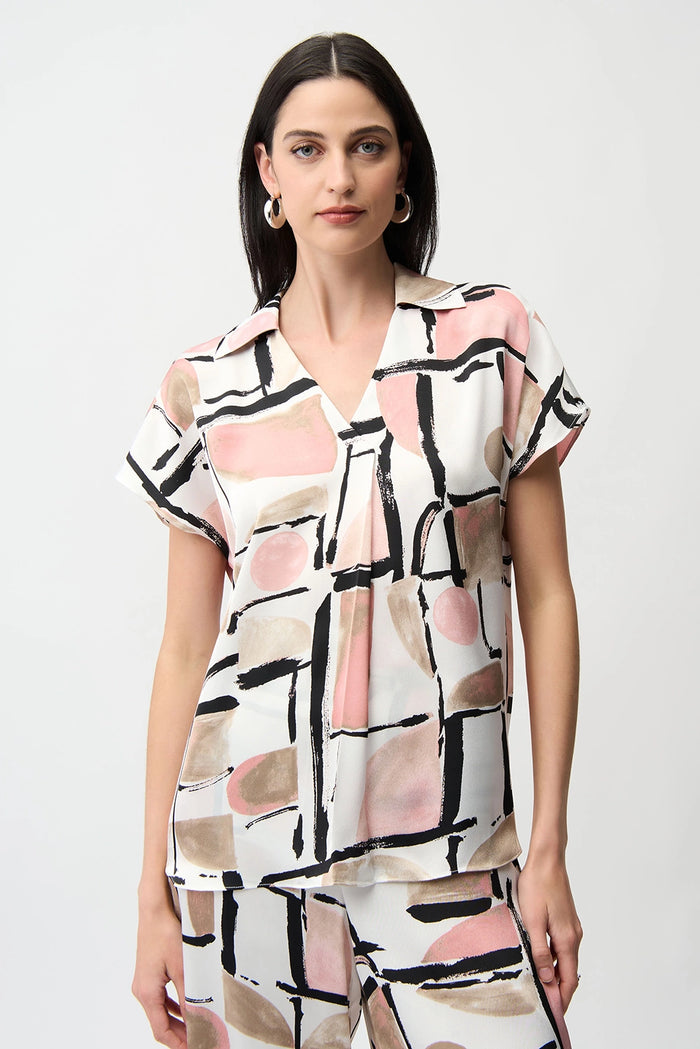 Joseph Ribkoff | Recycled Satin Abstract Print Boxy Top With V-neckline 261308